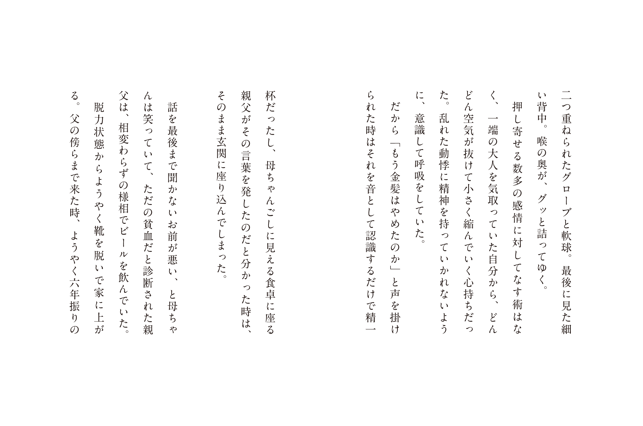 二つ重ねられたグローブと軟球、最後に見た細い背中。喉の奥が、グッと詰まってゆく、押し寄せる数多の感情に対してなす術はなく、一端の大人を気取っていた自分から、どんどん空気が抜けて小さく縮んでいく心持ちだった。乱れた動悸に精神を持っていかれないように、意識して呼吸していた。だから「もう金髪はやめたのか」と声を掛けられた時はそれを音として認識するだけで精一杯だったし、母ちゃんごしに見える食卓に座る親父がその言葉を発したのだと分かった時は、そのまま玄関に座り込んでしまった。話を最後まで聞かないお前が悪い、と母ちゃんは笑っていて、ただの貧血だと診断された親父は相変わらずの様相でビールを飲んでいた。脱力状態からようやく靴を脱いで家に上がった時、ようやく六年振りの